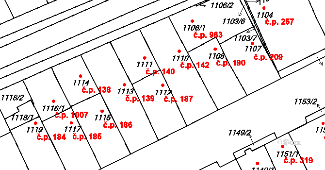 Lužice 187 na parcele st. 1112 v KÚ Lužice u Hodonína, Katastrální mapa