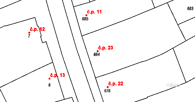 Šardice 23 na parcele st. 684 v KÚ Šardice, Katastrální mapa