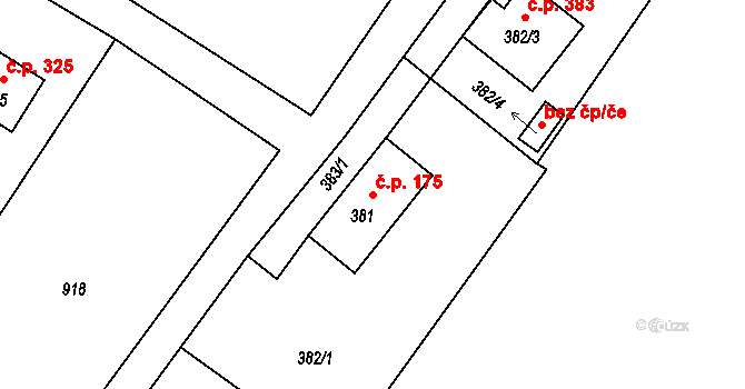 Donín 175, Hrádek nad Nisou na parcele st. 381 v KÚ Donín u Hrádku nad Nisou, Katastrální mapa
