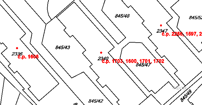 Blansko 1600,1701,1702,1703 na parcele st. 2340 v KÚ Blansko, Katastrální mapa