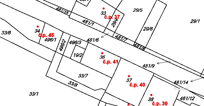 Třeboutice 41, Křešice na parcele st. 36 v KÚ Třeboutice, Katastrální mapa