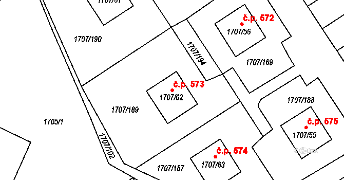 Miřetice u Klášterce nad Ohří 573, Klášterec nad Ohří na parcele st. 1707/62 v KÚ Miřetice u Klášterce nad Ohří, Katastrální mapa