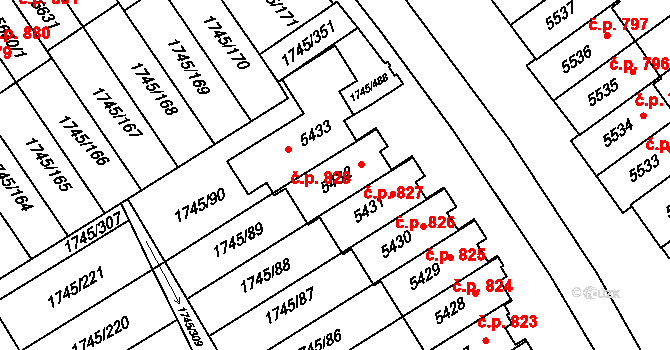 Nové Dvory 827, Třebíč na parcele st. 5432 v KÚ Třebíč, Katastrální mapa