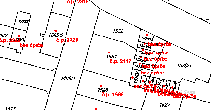 Teplice 2117 na parcele st. 1531 v KÚ Teplice, Katastrální mapa