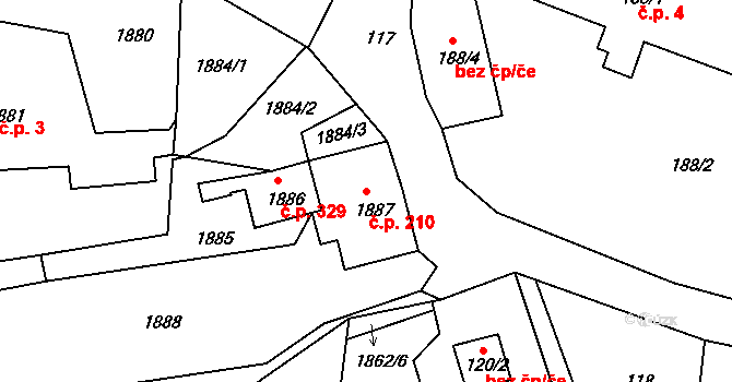 Liberec XV-Starý Harcov 210, Liberec na parcele st. 1887 v KÚ Starý Harcov, Katastrální mapa