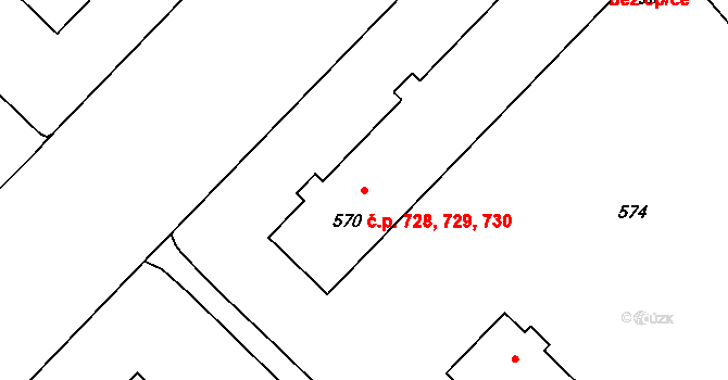 Město 728,729,730, Havířov na parcele st. 570 v KÚ Havířov-město, Katastrální mapa