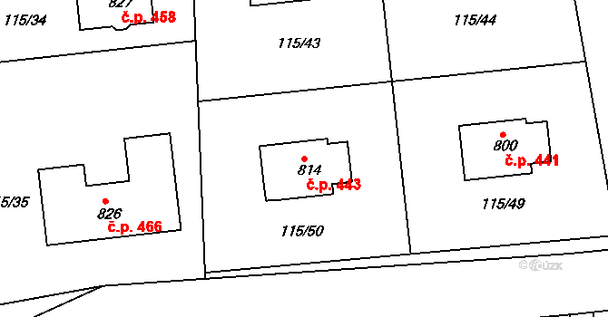 Mladcová 443, Zlín na parcele st. 814 v KÚ Mladcová, Katastrální mapa