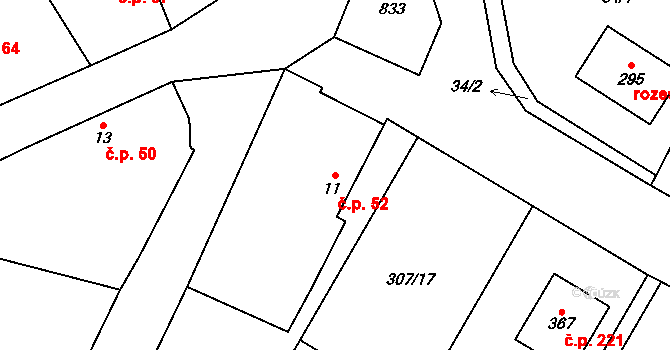 Katusice 52 na parcele st. 11 v KÚ Katusice, Katastrální mapa