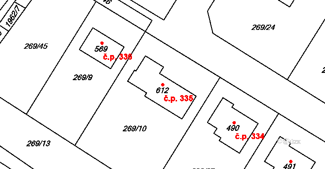 Všeruby 335 na parcele st. 612 v KÚ Všeruby u Plzně, Katastrální mapa