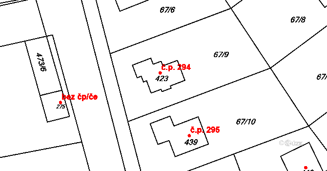 Broumy 294 na parcele st. 423 v KÚ Broumy, Katastrální mapa
