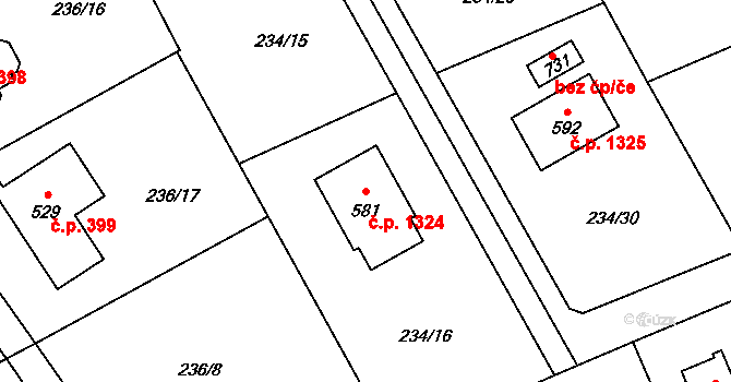 Nová Hospoda 1324, Kamenice na parcele st. 581 v KÚ Štiřín, Katastrální mapa