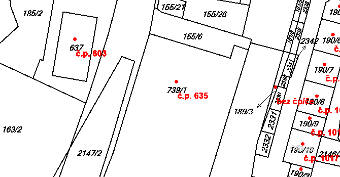 Lišov 635 na parcele st. 739/1 v KÚ Lišov, Katastrální mapa