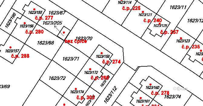 Popůvky 274 na parcele st. 1623/158 v KÚ Popůvky u Brna, Katastrální mapa