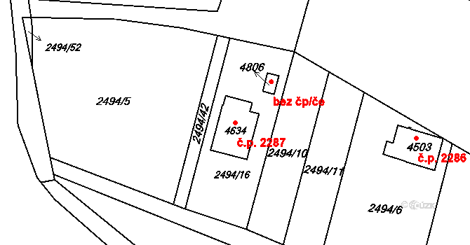 Rožnov pod Radhoštěm 2287 na parcele st. 4634 v KÚ Rožnov pod Radhoštěm, Katastrální mapa