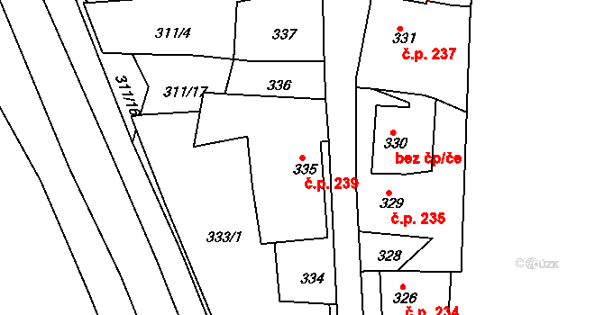Jemnice 239 na parcele st. 335 v KÚ Jemnice, Katastrální mapa