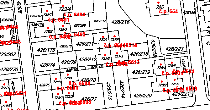 Otrokovice 6512 na parcele st. 727/2 v KÚ Otrokovice, Katastrální mapa