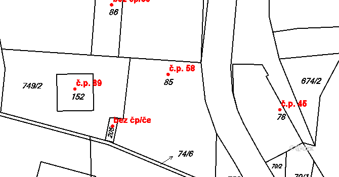 Křečovice 58 na parcele st. 85 v KÚ Křečovice u Neveklova, Katastrální mapa