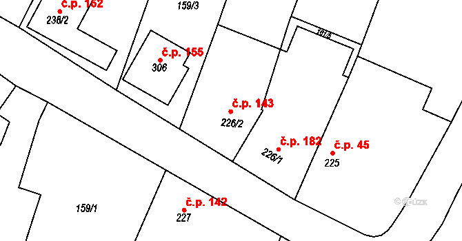 Březůvky 143 na parcele st. 226/2 v KÚ Březůvky, Katastrální mapa