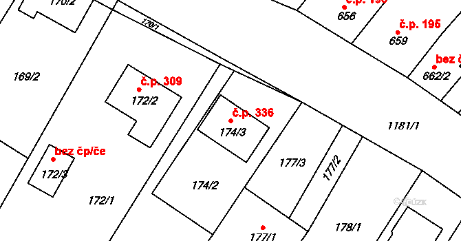 Perná 336 na parcele st. 174/3 v KÚ Perná, Katastrální mapa