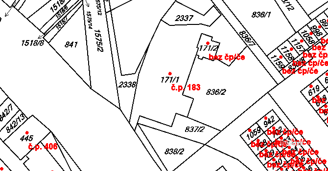 Hanušovice 183 na parcele st. 171/1 v KÚ Hanušovice, Katastrální mapa