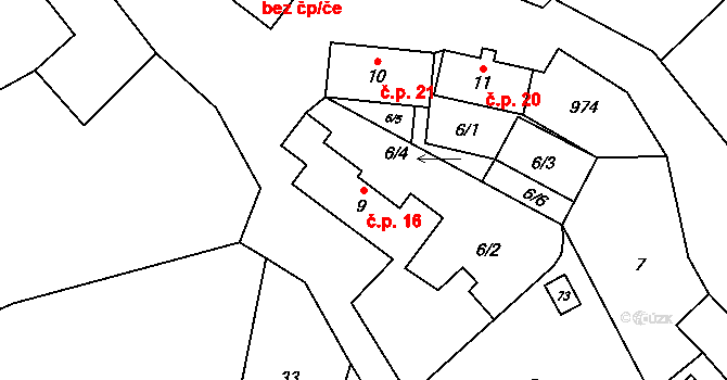 Třebýcina 16, Měčín na parcele st. 9 v KÚ Třebýcina, Katastrální mapa
