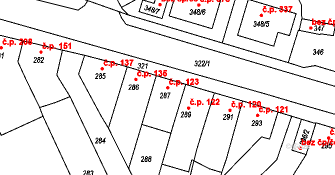Jestřebí 123, Rájec-Jestřebí na parcele st. 287 v KÚ Jestřebí, Katastrální mapa