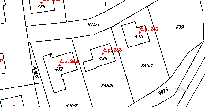 Sehradice 233 na parcele st. 436 v KÚ Sehradice, Katastrální mapa