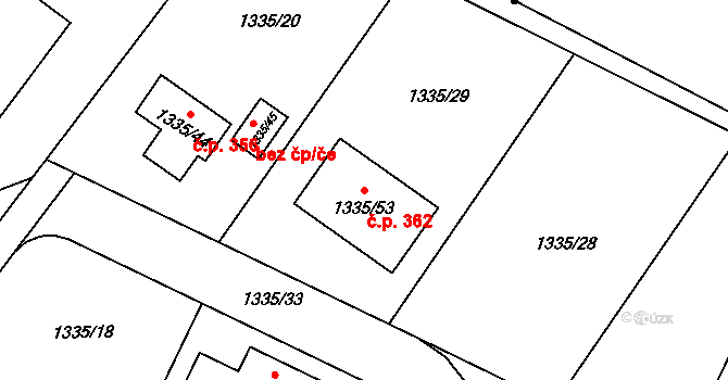 Češkovice 362, Blansko na parcele st. 1335/53 v KÚ Těchov, Katastrální mapa