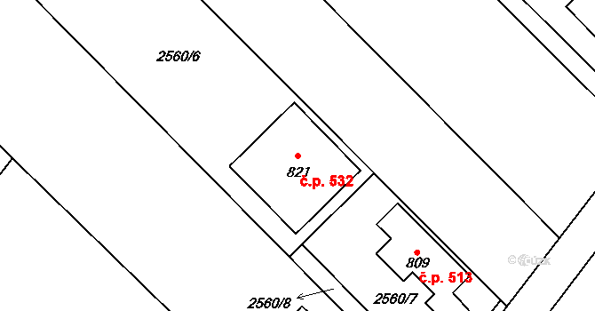 Čebín 532 na parcele st. 821 v KÚ Čebín, Katastrální mapa