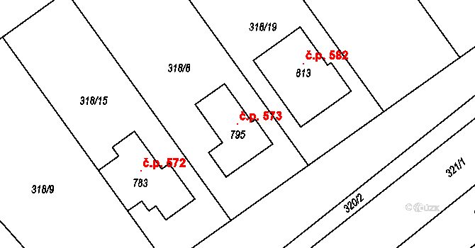 Rokytnice 573 na parcele st. 795 v KÚ Rokytnice u Přerova, Katastrální mapa