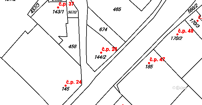 Otonovice 26, Hrubčice na parcele st. 144/2 v KÚ Hrubčice, Katastrální mapa