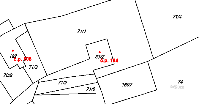 Olšovec 104 na parcele st. 33/2 v KÚ Olšovec, Katastrální mapa