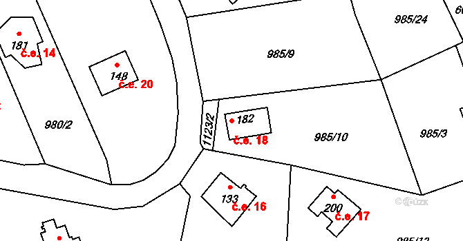 Řehenice 18 na parcele st. 182 v KÚ Malešín, Katastrální mapa