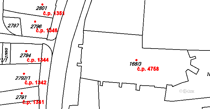 Jihlava 4758 na parcele st. 168/3 v KÚ Jihlava, Katastrální mapa