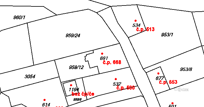 Luby 668 na parcele st. 691 v KÚ Luby I, Katastrální mapa