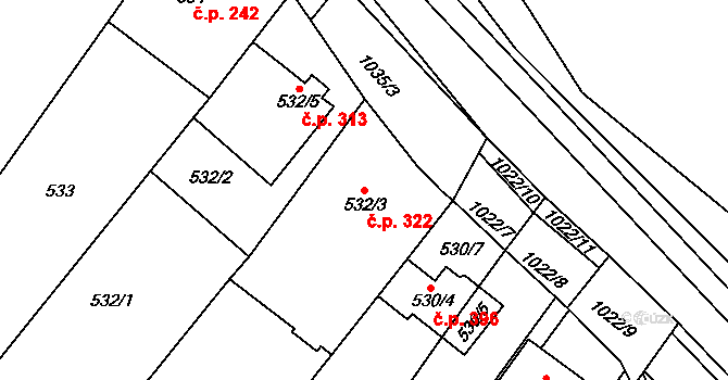 Tetčice 322 na parcele st. 532/3 v KÚ Tetčice, Katastrální mapa