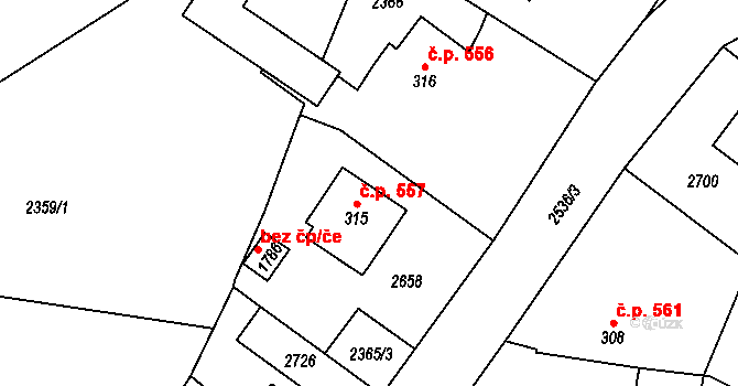 Polná 557 na parcele st. 315 v KÚ Polná, Katastrální mapa