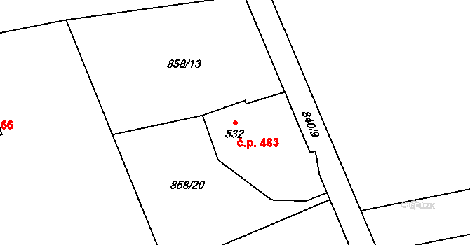 Kozlovice 483 na parcele st. 532 v KÚ Kozlovice, Katastrální mapa