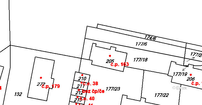 Liběšice 163 na parcele st. 205 v KÚ Liběšice u Litoměřic, Katastrální mapa
