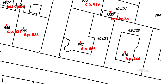 Libochovice 606 na parcele st. 661 v KÚ Libochovice, Katastrální mapa