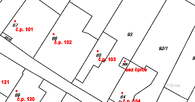 Travčice 103 na parcele st. 65 v KÚ Travčice, Katastrální mapa