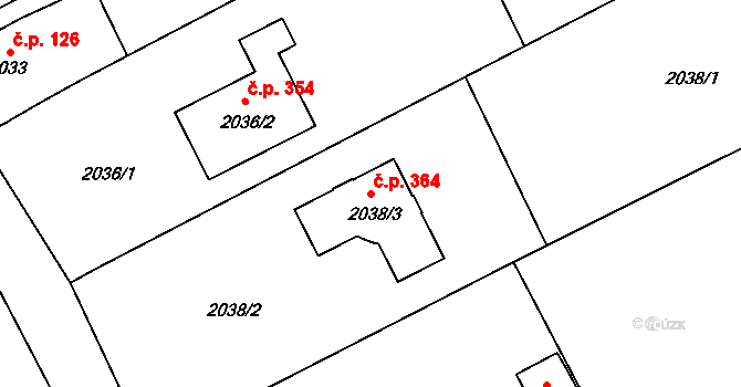 Brná 364, Ústí nad Labem na parcele st. 2038/3 v KÚ Brná nad Labem, Katastrální mapa