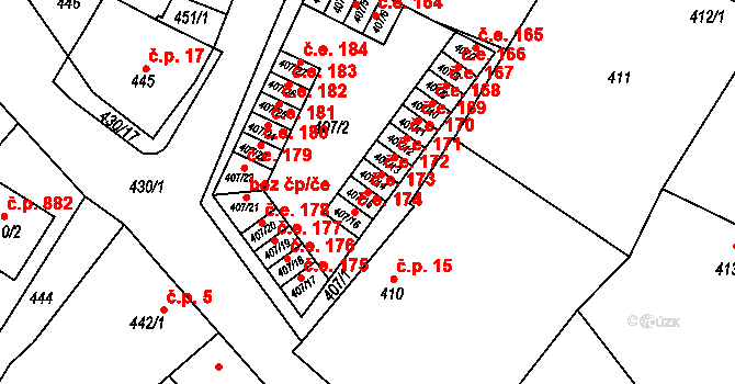 Miřetice u Klášterce nad Ohří 173, Klášterec nad Ohří na parcele st. 407/15 v KÚ Miřetice u Klášterce nad Ohří, Katastrální mapa