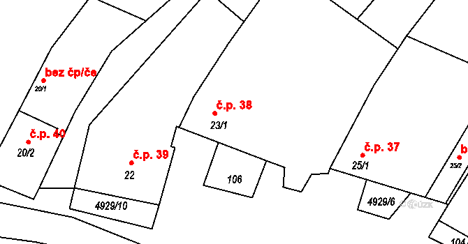 Hodov 38 na parcele st. 23/1 v KÚ Hodov, Katastrální mapa