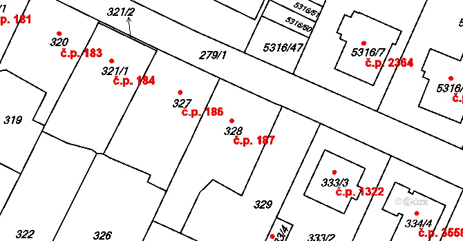 Frýdek 187, Frýdek-Místek na parcele st. 328 v KÚ Frýdek, Katastrální mapa