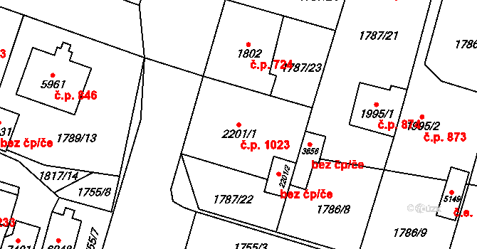 Cheb 1023 na parcele st. 2201/1 v KÚ Cheb, Katastrální mapa