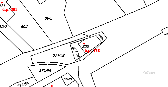 Praskolesy 178 na parcele st. 202 v KÚ Praskolesy, Katastrální mapa