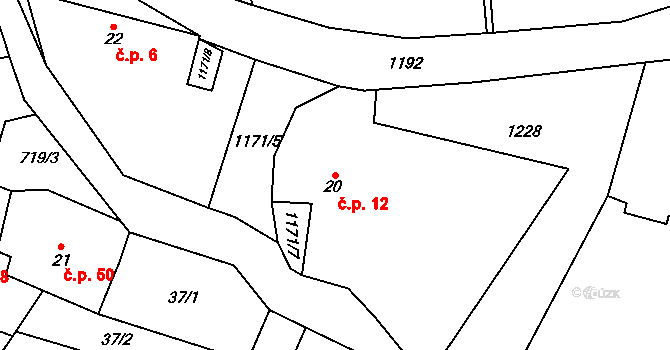Hradové Střimelice 12, Stříbrná Skalice na parcele st. 20 v KÚ Hradové Střimelice, Katastrální mapa