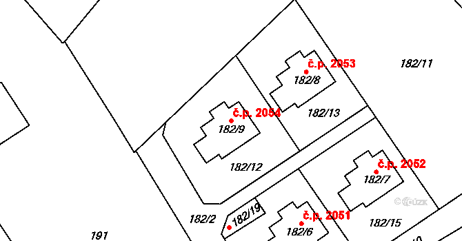 Horní Počernice 2054, Praha na parcele st. 182/9 v KÚ Horní Počernice, Katastrální mapa