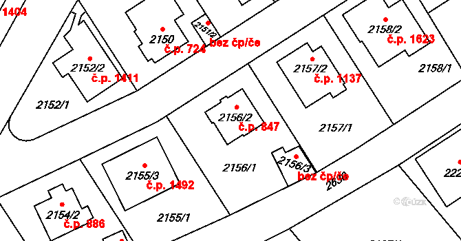 Radotín 847, Praha na parcele st. 2156/2 v KÚ Radotín, Katastrální mapa